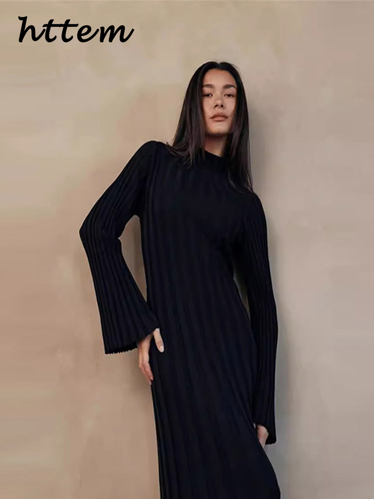 JazzHer Elegant Knit Ribbed Long Dress Women Solid Half High Collar Flare Sleeve Pleated Party Dresses 2024 Autumn Lady Straight Gown