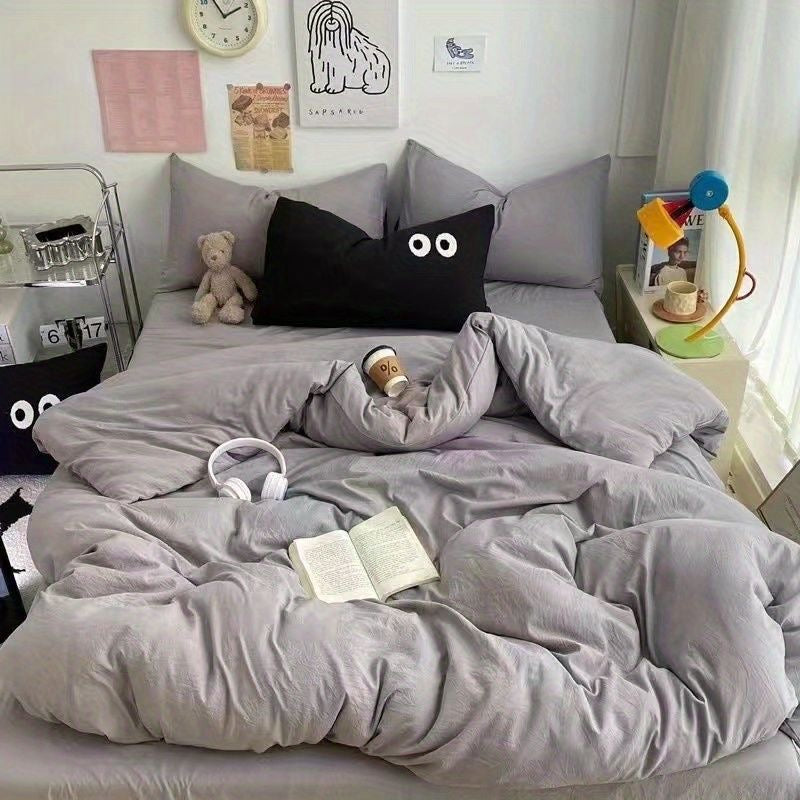 JazzHer Cute Duvet Cover Set with Sheet Pillowcase No Filler Warm Solid Color Bed Linen Full Queen Size Korean Big Eyes Home Bedding Set