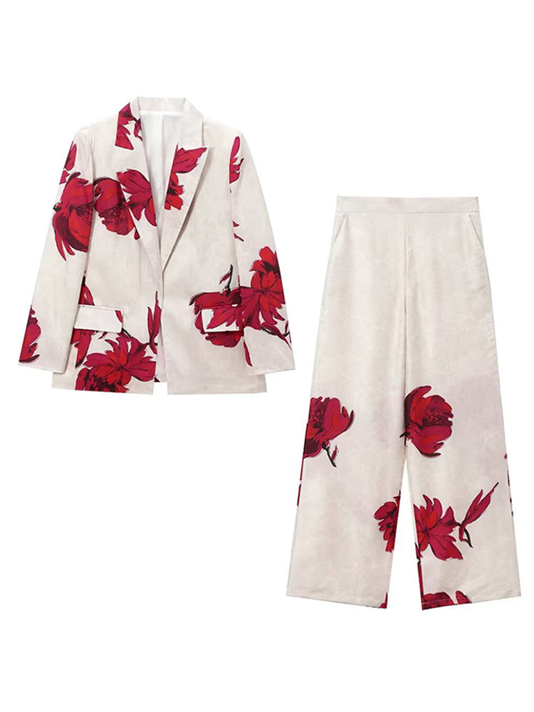 JazzHer Women Printed Trouser Suits Casual Notched Collar Open Stitch Coat High Waist Pocket Pants 2025 New Chic Summer Autumn Lady Sets