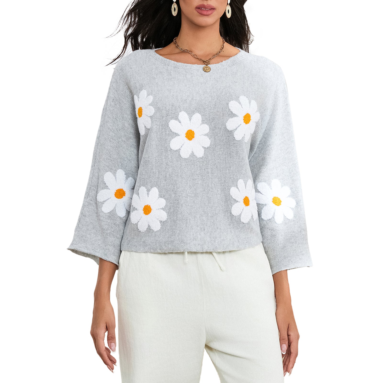 thanksgiving outfit JazzHer Women Loose Knit Sweater Sweet Flower Embroidered Long Sleeve Boat Neck Pullovers Spring Fall Casual Jumpers Tops