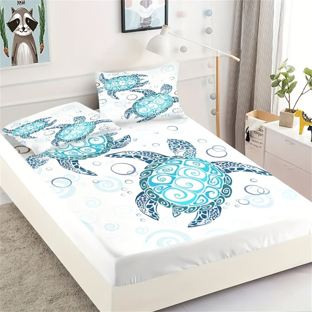 JazzHer Fashion Style Sea Turtle Print Fitted Sheet Set Mattress Covers Comfortable Breathable Bedding Set With Deep Pocket for Bedroom