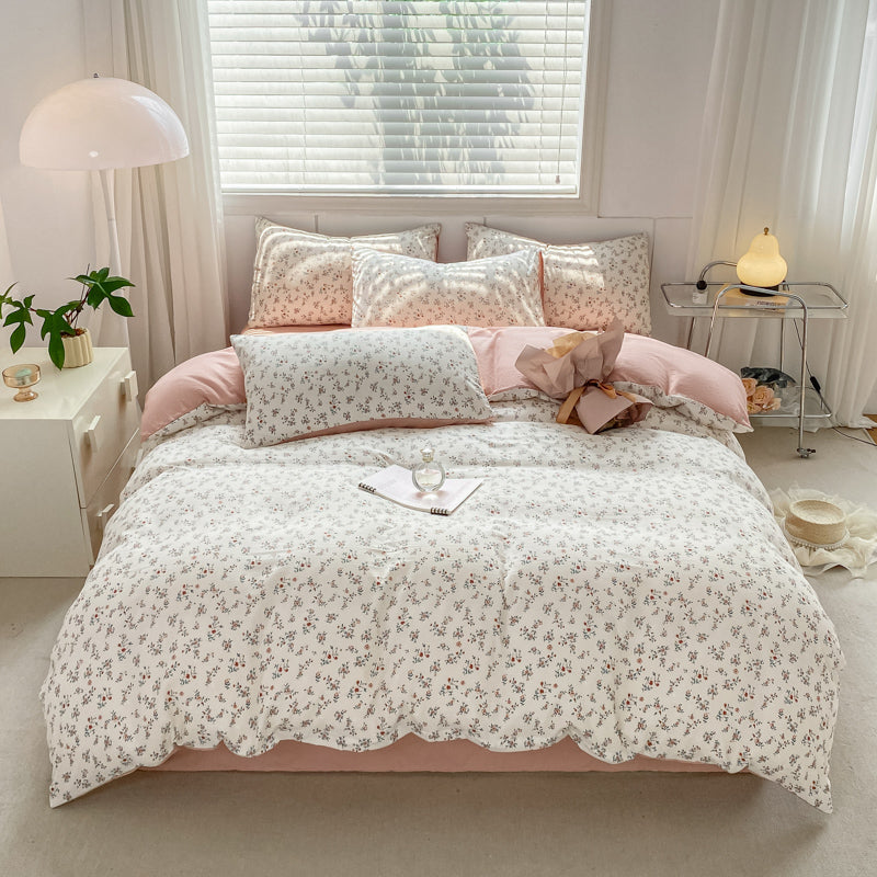 JazzHer 2024 New Bedding Set Ins Nordic Style Flowers Washed Cotton 4 pcs Bed Sheet Set For Girls Duvet Cover and Pillowcase