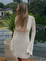 JazzHer Fashion Women Jacquard Lace Hollow Mini Dress Sexy High Waist Solid Party Dresses Elegant O-neck Long Sleeve Wrap Hip Vestidos