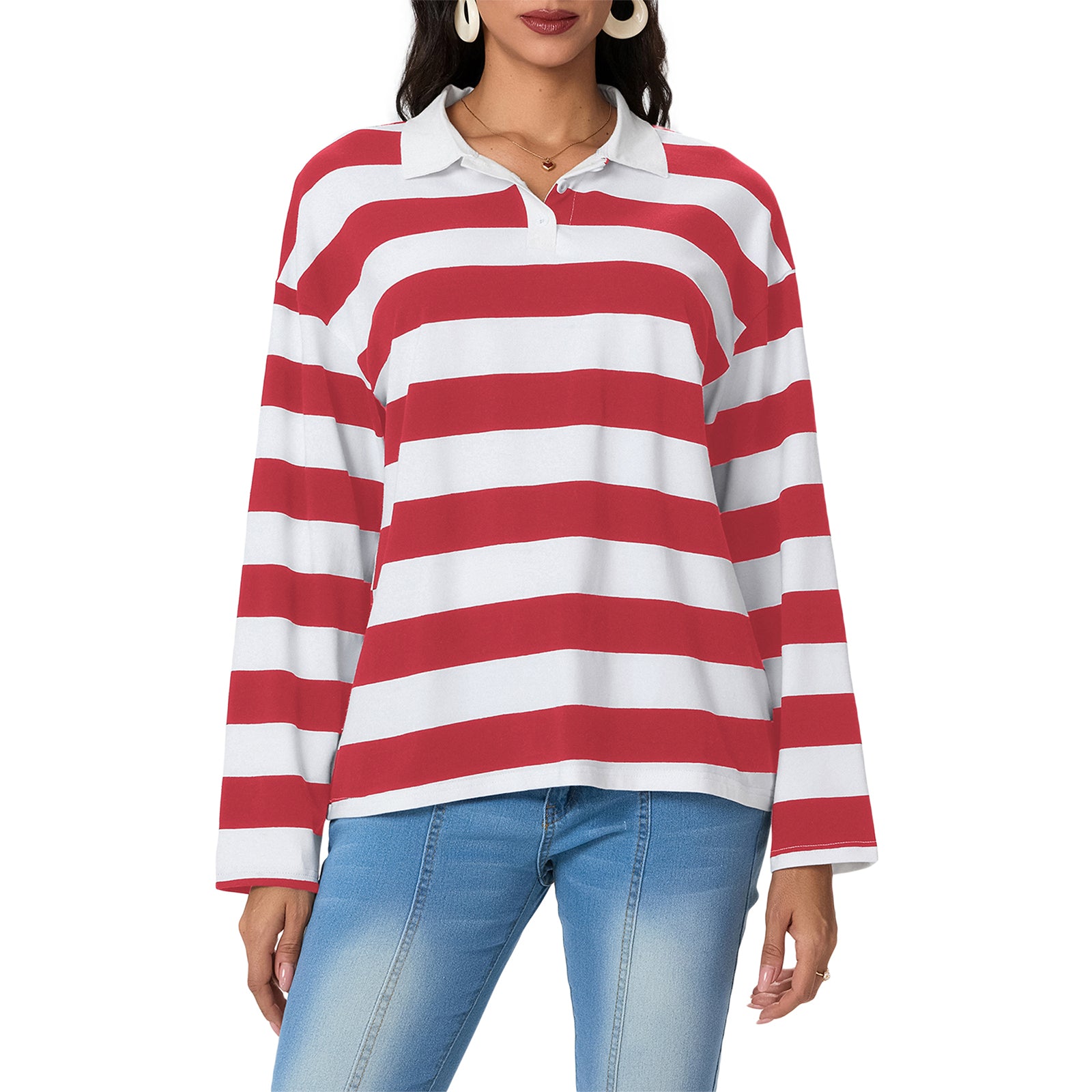 thanksgiving outfit JazzHer New Fashion Women's Fall Stripe Print Pullover Lapel Long Sleeve Loose Sweatshirt Casual Tops