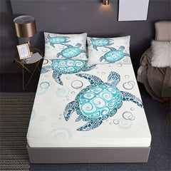 JazzHer Fashion Style Sea Turtle Print Fitted Sheet Set Mattress Covers Comfortable Breathable Bedding Set With Deep Pocket for Bedroom