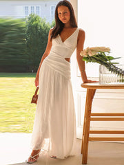 JazzHer Sexy Hollow Out Solid Long Dress Women New V Neck Pleated Suspender Backless Dress Summer Casual Simple Beach Vacation Vestidos
