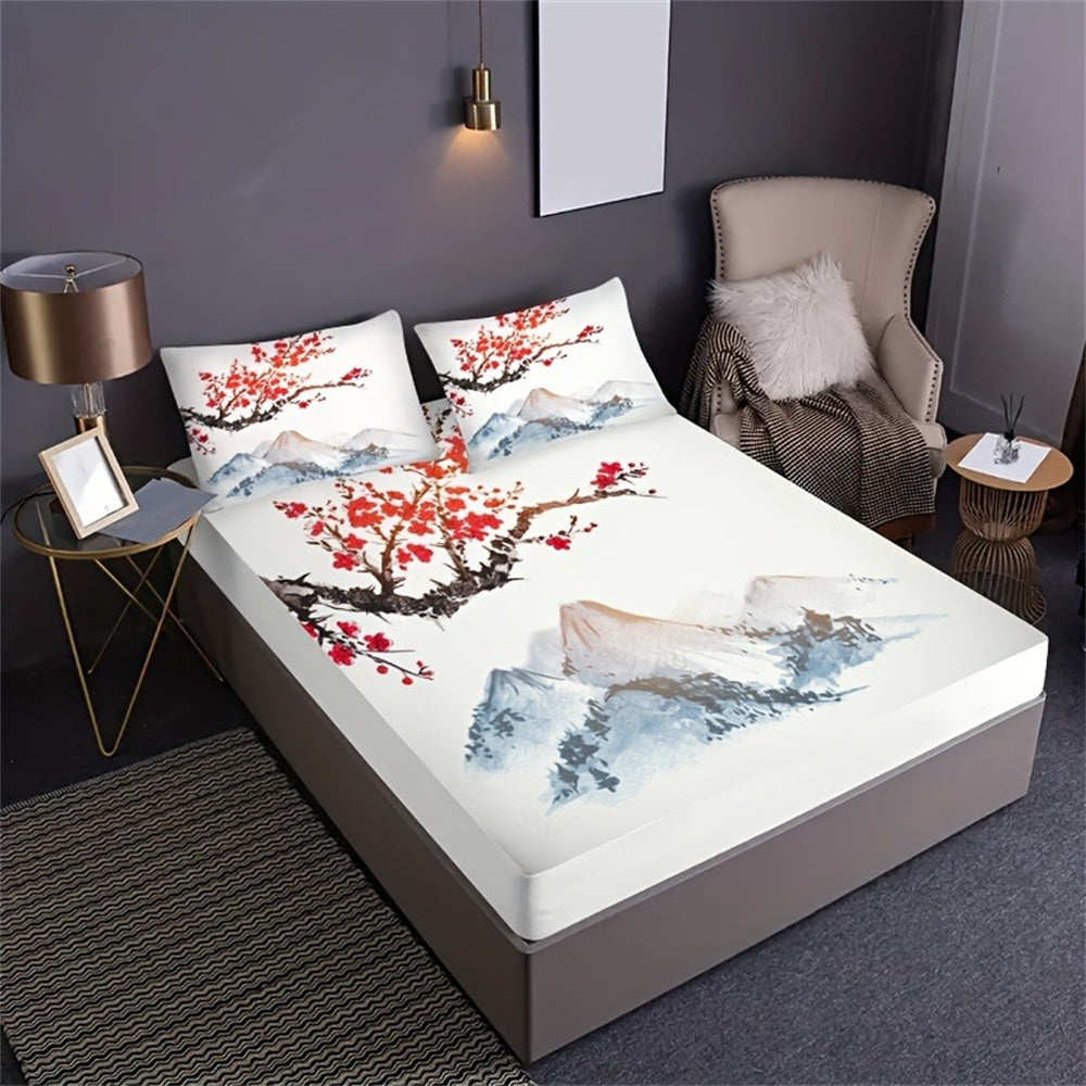 JazzHer Chinese Style Fitted Sheet Set Ink Painting Plum Mountains Print Mattress Covers Soft Breathable Bedding Set With Deep Pocket