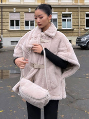 thanksgiving outfit JazzHer Elegant Faux Fur Shawl Women Coat Solid Lapel Leather Buckle Loose Cape Jacket Female 2024 Autumn Winter Thick Warm Outwear Lady