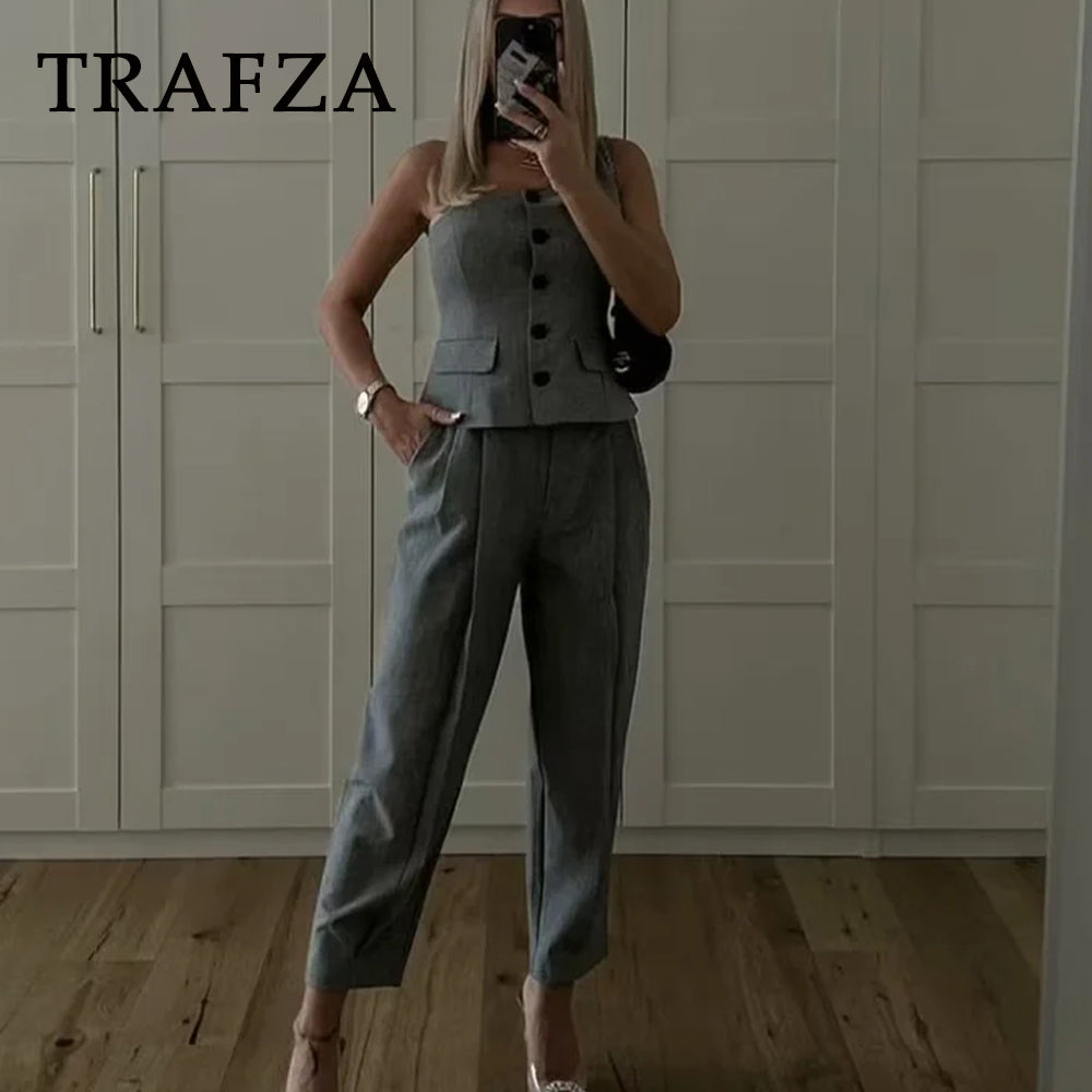 cold weather outfits JazzHer 2024 Autumn Winter Women Vintage Solid Suits Fashion Casual Skew Collar Sleeveless Button Vests+Straight Pencil Pants