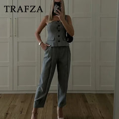 cold weather outfits JazzHer 2024 Autumn Winter Women Vintage Solid Suits Fashion Casual Skew Collar Sleeveless Button Vests+Straight Pencil Pants