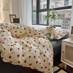 JazzHer Korean Style Bedding Set Kid Adult Twin Full Queen Size Bed Flat Sheet Love Heart Duvet Cover Set Pillowcase Bed Linen No Filler