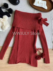 JazzHer Winter Kawaii Sweet 2 Piece Set Woman Off Shoulder Bow Knitted Tops + Mini Cake Skirt Female Korean Fashion Casual Suit 2025 New