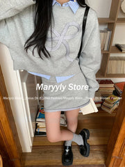 JazzHer Autumn  New Korean Preppy Style Sweet 3 Piece Set Women Y2k Bow Embroider Sweater + Striped Polo Shirt  + High Waist Mini Skirt