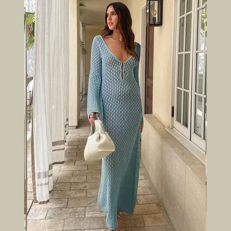 JazzHer Elegant Knit Hollow Out Long Dress For Women Slim  V Neck Backless Flare Sleeve Female Dresses 2024 Summer Lady Sexy Beachwear