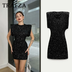 cold weather outfits JazzHer 2024 Women Sequined Party Dress Shoulder Pad Sheath Mini Dress Sleeveless Nightclub Party Women Elegant Chic Dresses