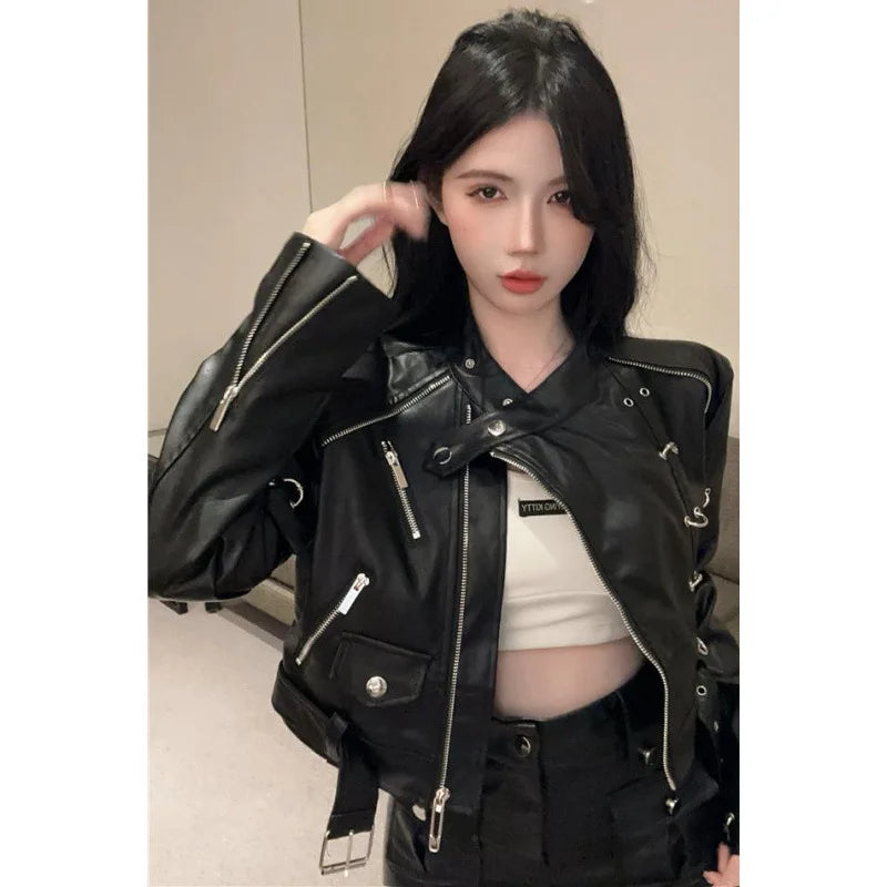 cold weather outfits JazzHer 2024 Autumn New Women's Clothing Harajuku Style Motorcycle Jacket Short Zipper Up Genuine Leather Jacket For Street Wear