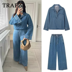 cold weather outfits JazzHer 2024 Spring Summer Casual Denim Women Suits Fashion Vintage Turn-down Collar Pocket Shirts+Chic Drawstring Wide Leg Pants