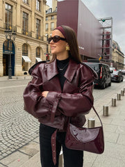 JazzHer 2024 Chic Wine Red Women's Lapel Leather Jacket Fashion Belted Long Sleeves Cropped Biker Coat Autumn Female New High Streetwear