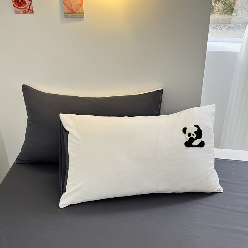 JazzHer Ins Cartoon Panda Bedding Set Towel Embroidery Duvet Cover Queen Twin Full Size Grey Bed Flat Sheet Quilt Cover Pillowcases