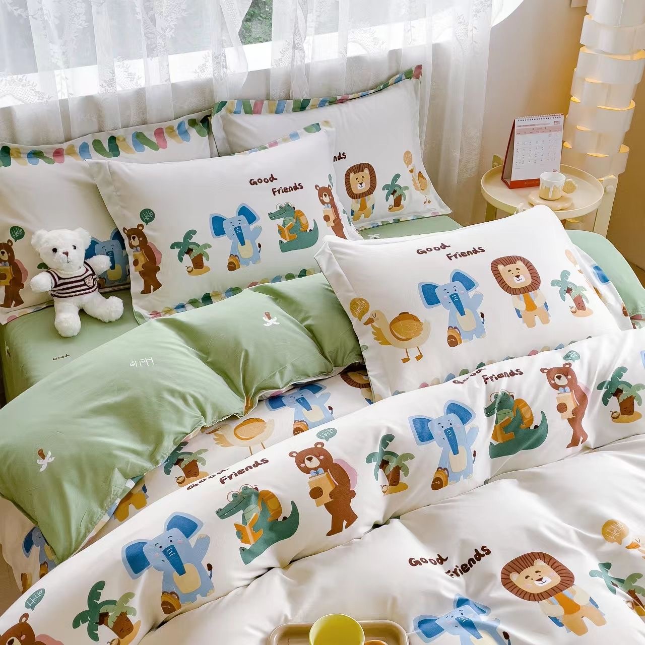 JazzHer Cute Rabbit Carrot Bedding Set Soft Green Flat Sheet Quilt Cover Pillowcase Bed Linen Twin Queen Full Size Floral Duvet Cover