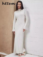 JazzHer Elegant Knit Ribbed Long Dress Women Solid Half High Collar Flare Sleeve Pleated Party Dresses 2024 Autumn Lady Straight Gown