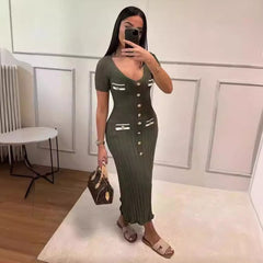 JazzHer Office Lady Elegant Knitted Long Dress Summer Short Sleelve V Neck Single Breasted Bodycon Dresses Women Party Fashion Vestidos