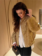 JazzHer Ladies Sexy Chic Golden Sequin Zipper Autumn Winter Jacket Women Loose Round Neck Coat Party Club Shiny Outerwear Jacket Female