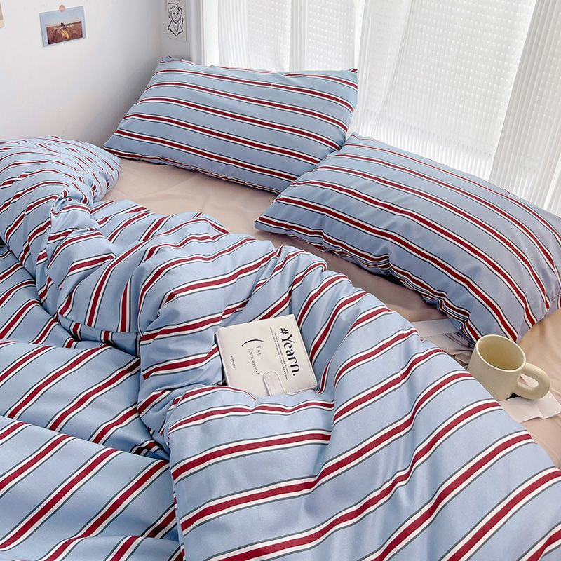 JazzHer Simple Red and Blue Striped Duvet Cover and Four Piece Bed Sheet Set with Washed Cotton Bedding on the Bed