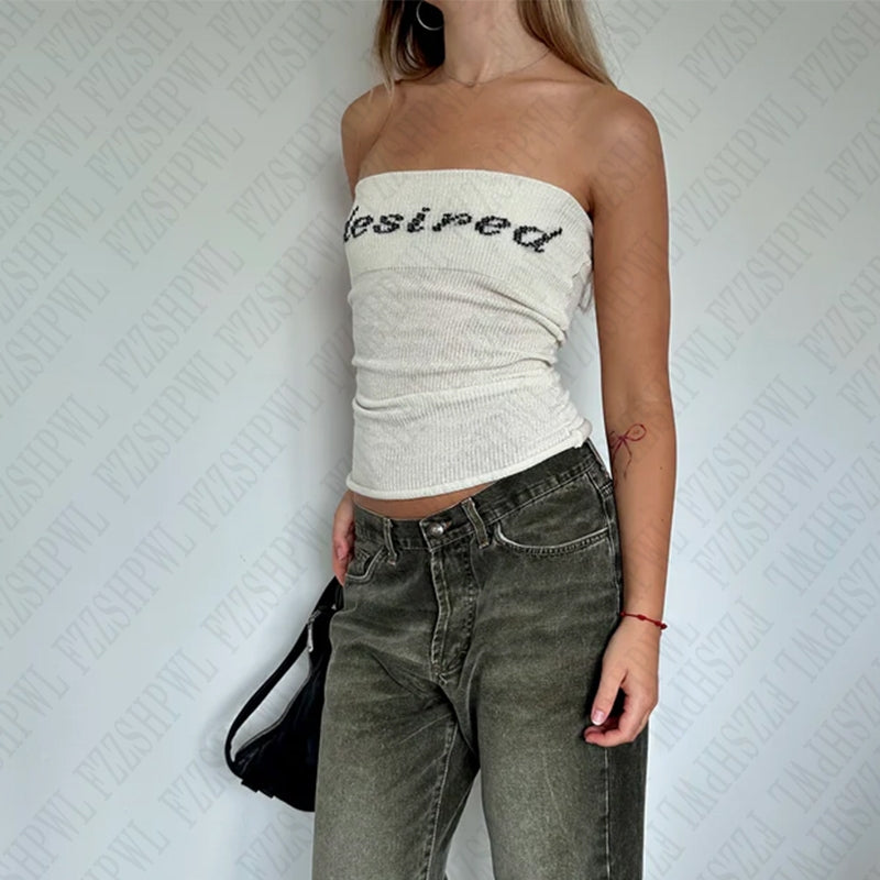 JazzHer Women's American Retro Punk Hip-Hop Rock Aesthetic Knit Tube Tops Sexy Slim Chic Crop Tops Y2K Harajuku Autumn Winter Streetwear