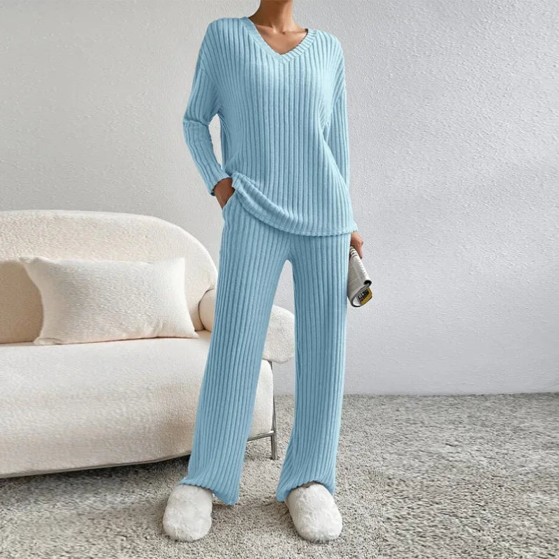 thanksgiving outfit JazzHer Casual Knitted Ribbed Pants Sets Women Solid Loose V Neck Long Sleeve Pullover Long Trousers 2024 Autumn New in Matching Outfits