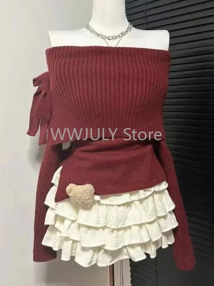 JazzHer Winter Kawaii Sweet 2 Piece Set Woman Off Shoulder Bow Knitted Tops + Mini Cake Skirt Female Korean Fashion Casual Suit 2025 New