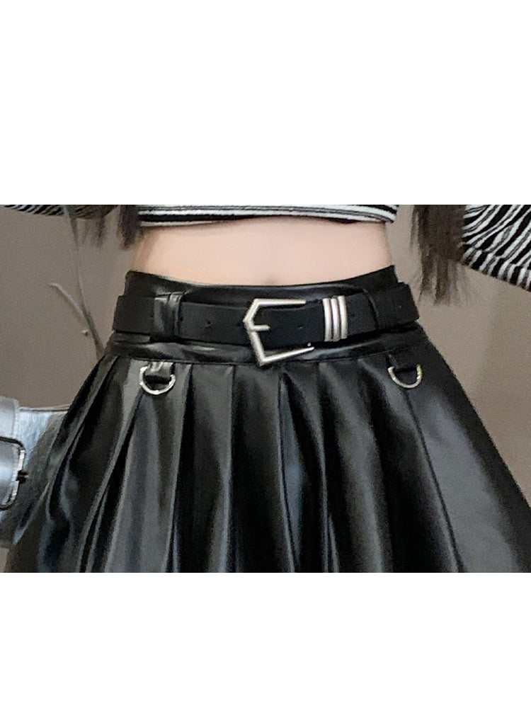 christmas outfit JazzHer Women Black A-line Leather Skirt Vintage Aesthetic Y2k Pleated Skirt Harajuku Korean Gothic Mini Skirt Emo 2000s Clothes Summer