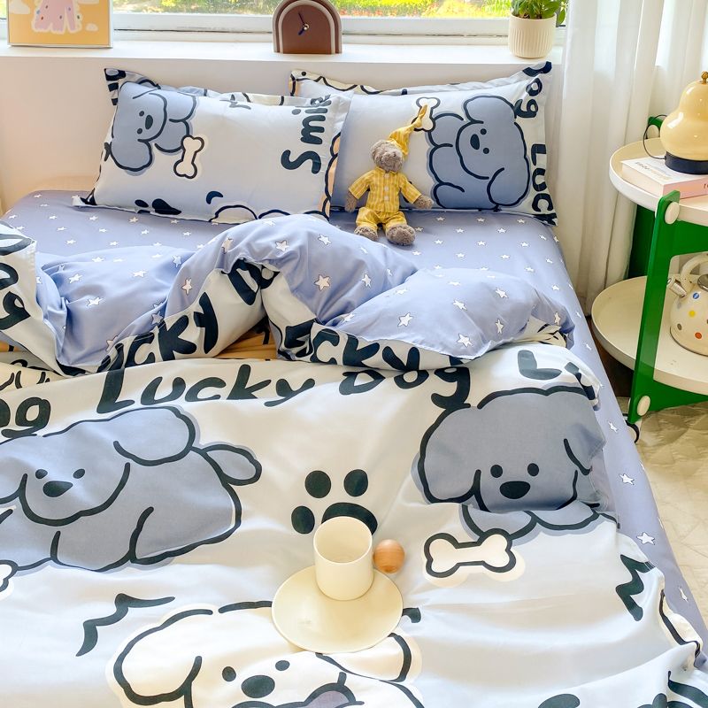 JazzHer Cute Bear Bedding Set Girls Boys Kids Single Double Size Flat Sheet Duvet Cover Pillowcase Bed Linens White Blue Home Textile