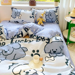 JazzHer Cute Dog Bedding Set New Design Girls Ins Duvet Cover with Zipper No Filler Flat Sheet Pillowcase Queen Size Bed Linens