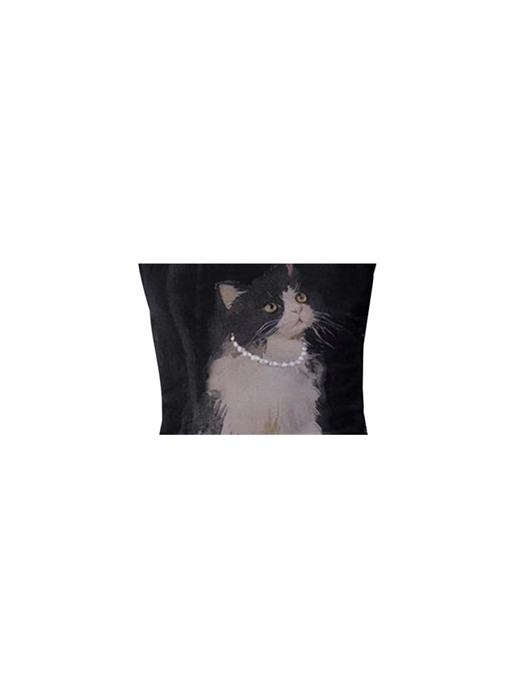 christmas outfit JazzHer Women's Black Crop Top Vintage Y2k Camisole Cat Graffiti Print Sleeveless Off Shoulder Emo Corset Top 2000s Clothes 2025 Summer