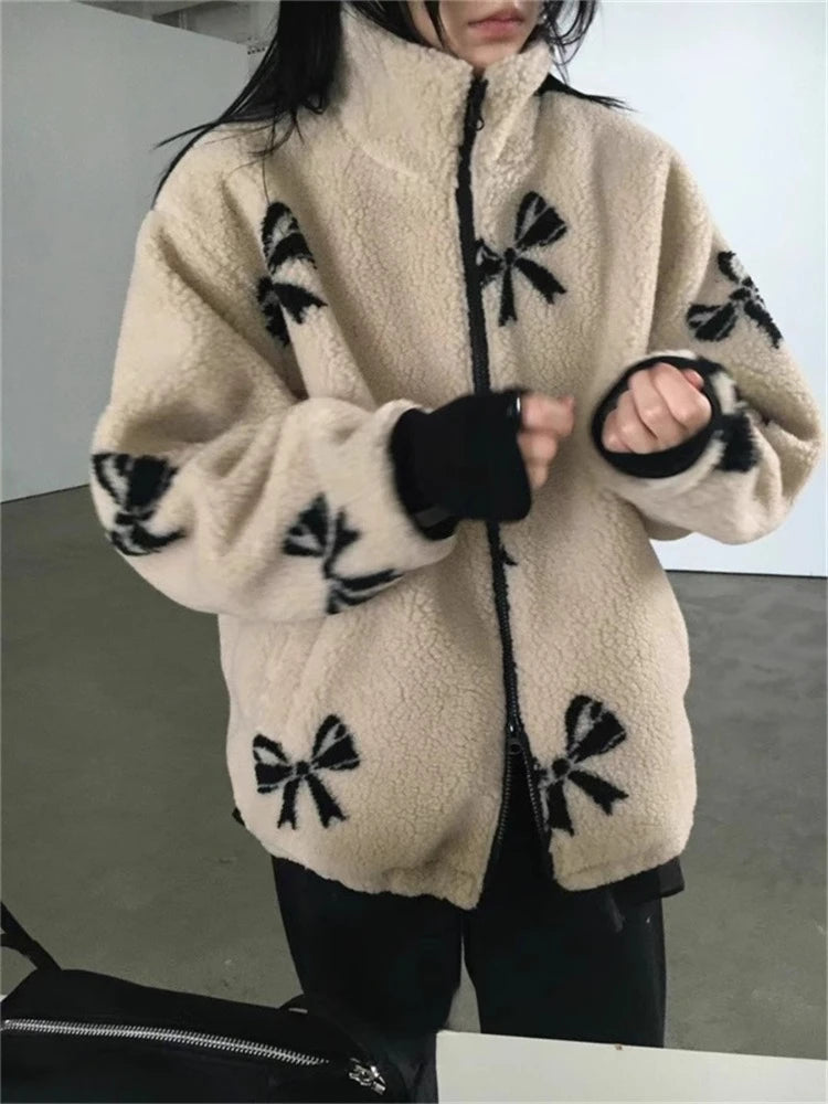 JazzHer Streetwear Chic Lamb Wool Jacket Women Winter Clothing Stand Neck Zipper Outwear Y2k Tops Korean Fashion Print Casual Warm Coats