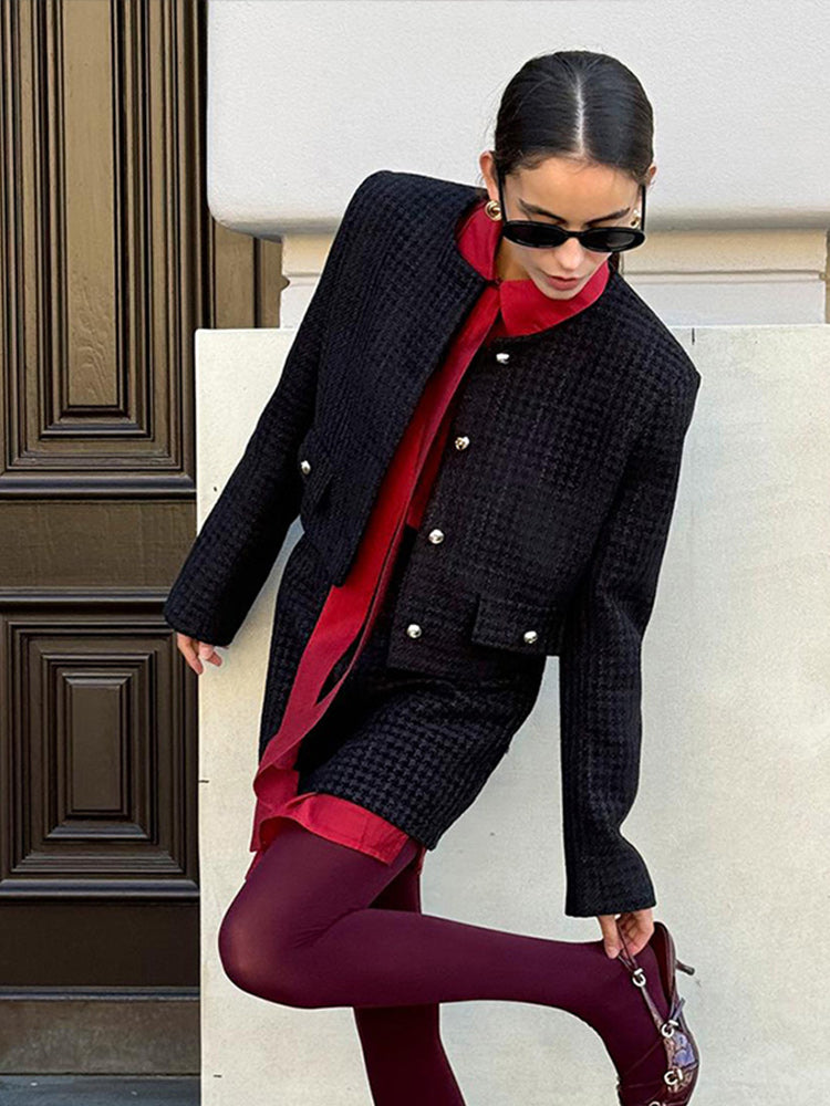 thanksgiving outfit JazzHer Plaid Print Coat Skirt Sets Women Solid Long Sleeve O-neck Button Coats Sexy Zippers Mini Skirts 2024 Autumn New Lady Outfit