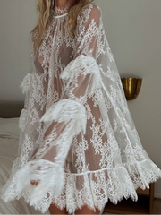 JazzHer Sexy Lace Sand Beachwear Mini Dresses Summer Loose Female Lace Patchwork See Through Transparent Long Sleeve Bikini Cover Up
