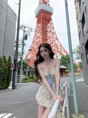 JazzHer Sweet Girl Lace Cute Y2k Tops Women Clothes 2000s Kawaii Bandage Sling Body Tank Tops Camis Coquette Sexy Summer Femme Crop Top