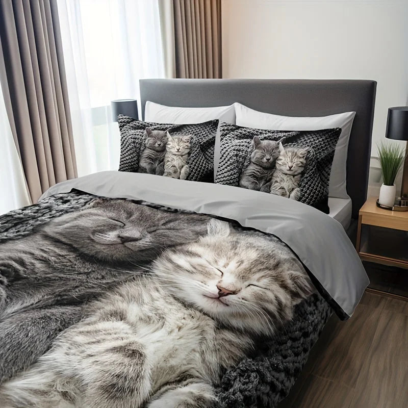 JazzHer 3pcs Cat Animal Duvet Cover Set 3D Cute Pet Cat HD Printing Bedding For Home Dorm