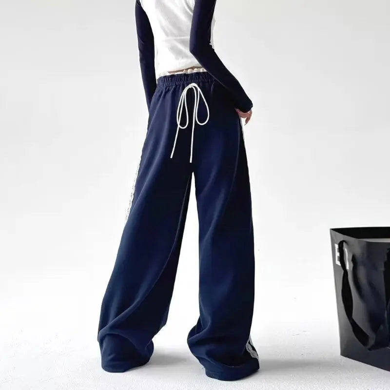 JazzHer Lace Patchwork Sweatpants Women Y2K Streetwear High Waist Wide Leg Pants Korean Fashion Casual Elastic Waist Straight Trousers