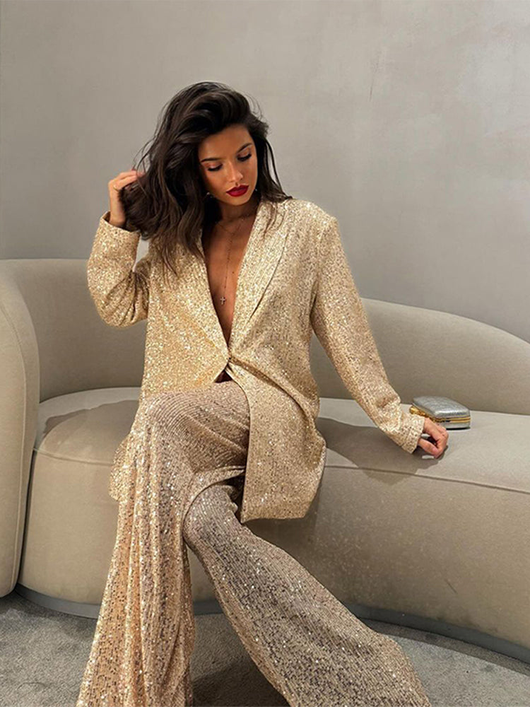 thanksgiving outfit JazzHer Elegant Sequin Jacket Pant Sets Women Loose Lapel One Button Long Sleeve Coats Wide Leg Pants 2024 Autumn Commuting Outfits Lady