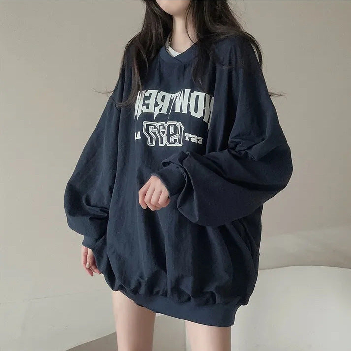 JazzHer Letter Print Oversized Round Neck Sweatshirt