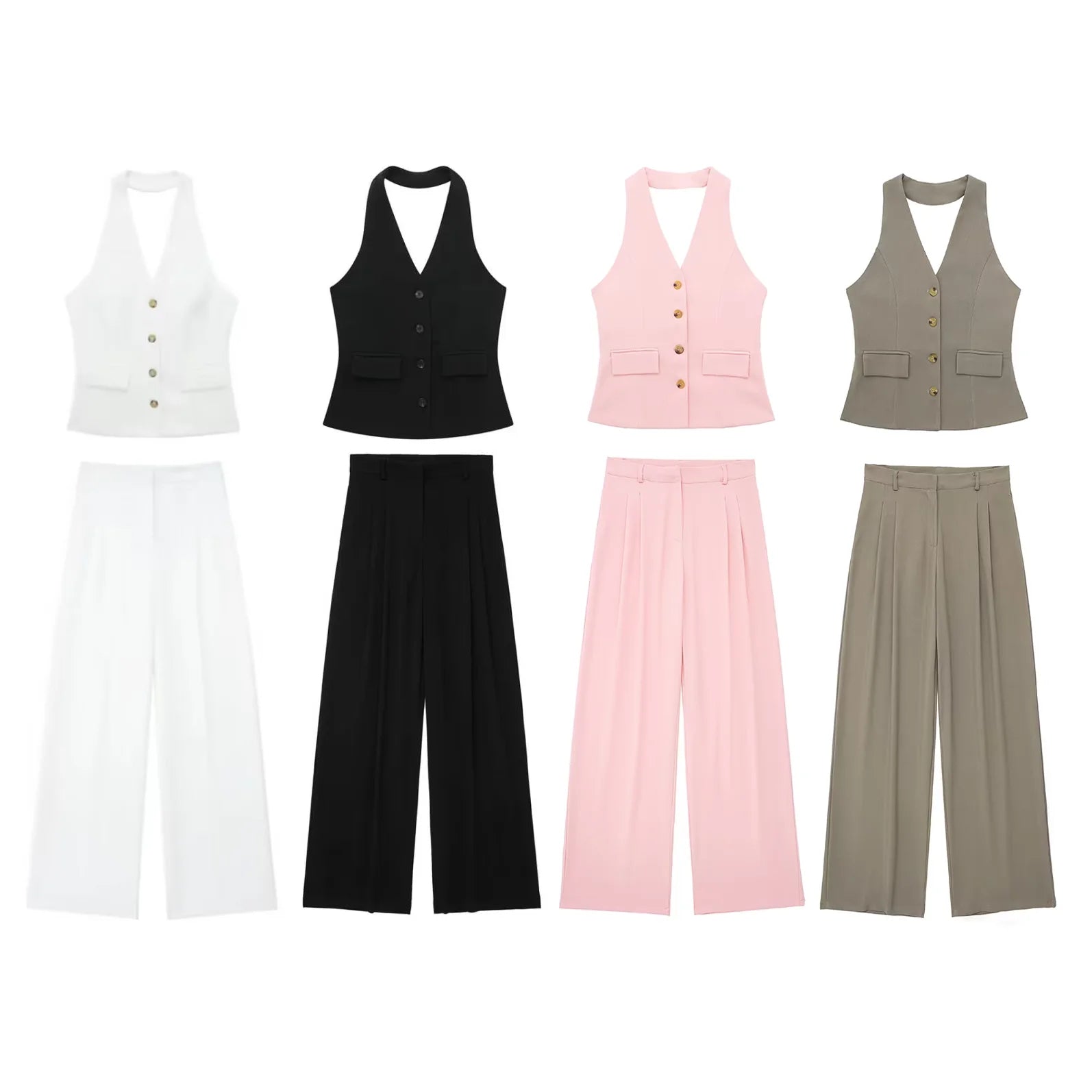 cold weather outfits JazzHer 2024 Spring Summer Casual Women Solid Suits Fashion V Neck Halter Single Breasted Vests+Chic High Waist Wide Leg Pants