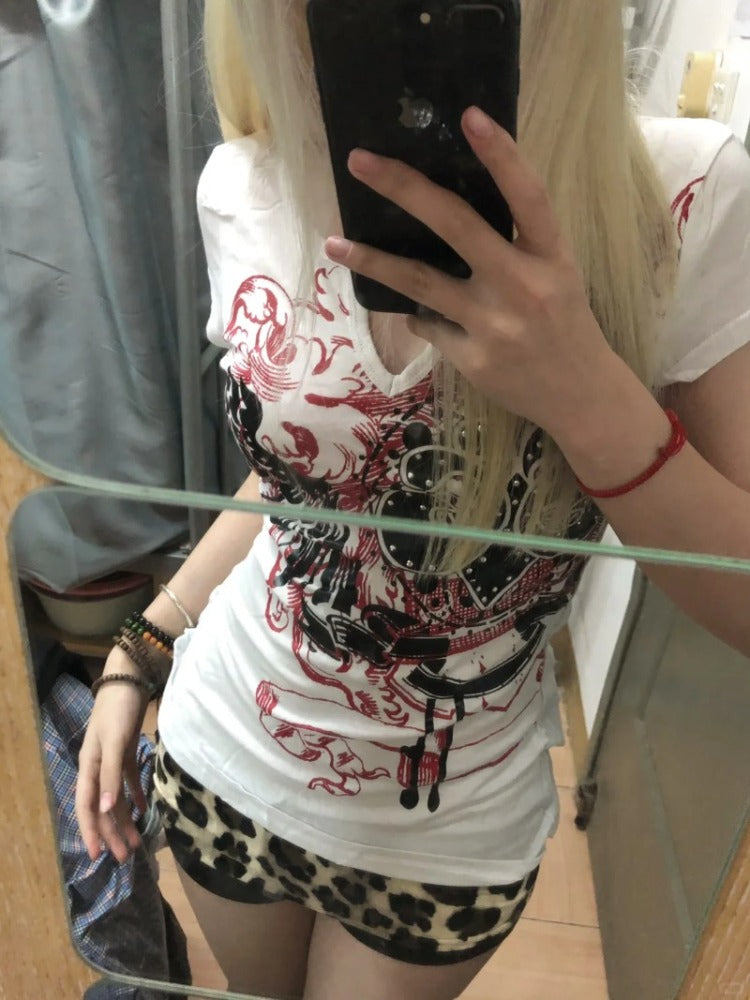 JazzHer Y2K Punk Graphic T Shirts Women Japanese Harajuku Vintage 2000S Aesthetic Grunge Tees Gothic Short Sleeve Streetwear Tops