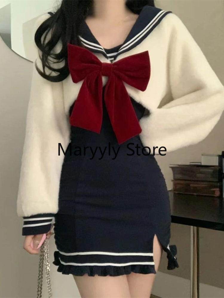 JazzHer 2025 Autumn Elegant Knitted Suits Women Kawaii Clothing 2 Piece Dress Set Casual Sweater Blouse + Strap Mini Dress Y2k Clothing
