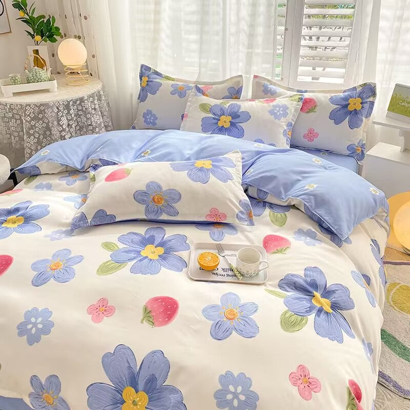 JazzHer Ins Blue Stripe Duvet Cover Set Soft Flat Sheet Quilt Cover Pillowcase Bed Linen Twin Queen Full Size Floral Bedding Set