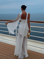 JazzHer Elegant White Gauze Off Shoulder Long Dress Women Fashion Sleeveless Backless A-line Vestidos 2025 New Lady Vocation Beach Robes