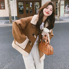 cold weather outfits JazzHer Vintage Brown Leather Women's Cropped Jacket Lamb Wool Integrated Pocket Maillard Autumn/Winter New Arrival Thickened Loose Fit