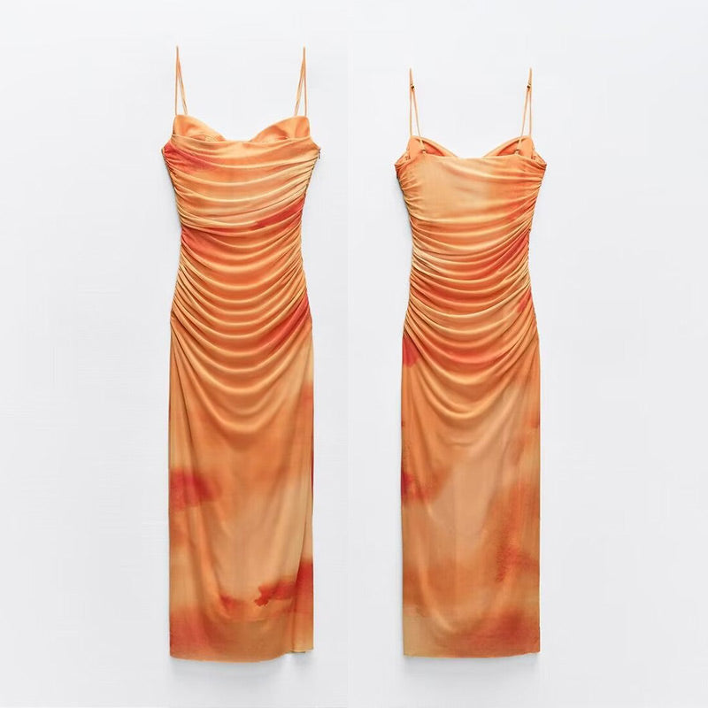 JazzHer Pleated Print Sling Long Dresses Women Sexy Sleeveless Backless Midi Dress 2025 Summer V Neck Bodycon Ladies Fashion Party Robe